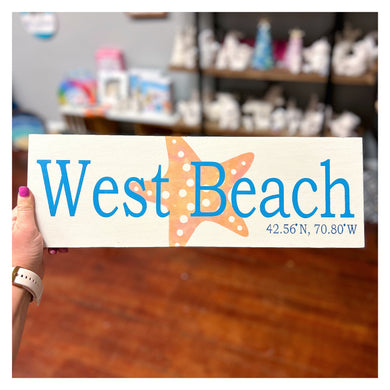 West Beach w/Starfish Coordinate Sign 6x18