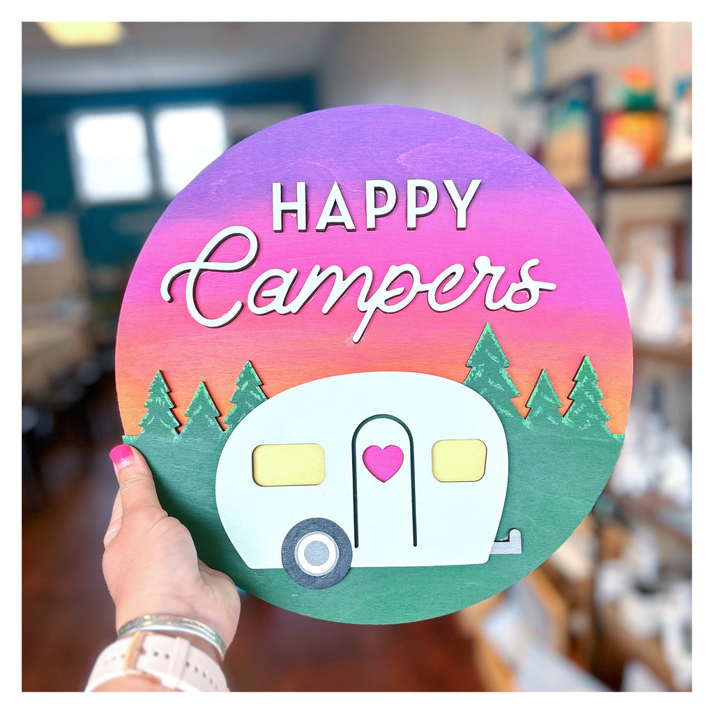 Happy Campers 12" Round Sign Hammer & Stain North Shore