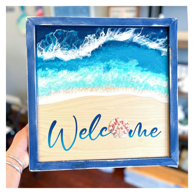 Resin Ocean w/Welcome & Scallop Shell 14x14
