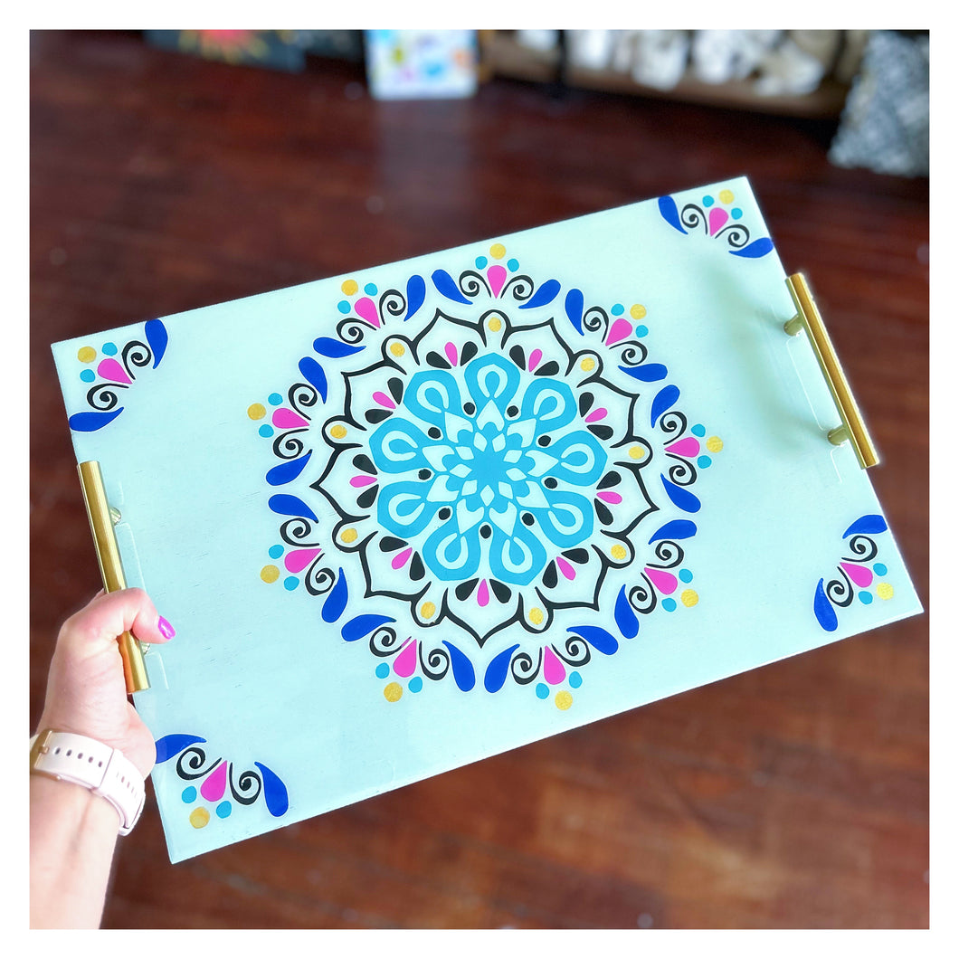 Colorful Mandala Tray w/Gold Handles & Resin Top 12x18