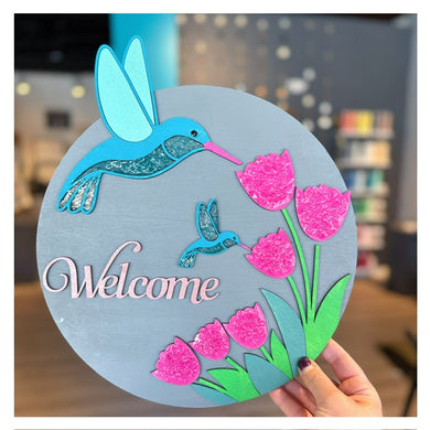 Welcome w/Hummingbird (crushed glass) 12