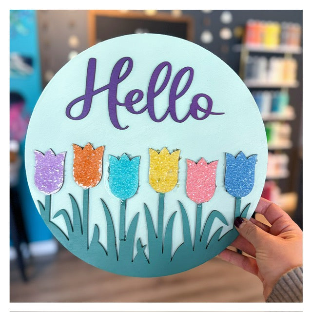 Hello w/Tulips (crushed glass) 12