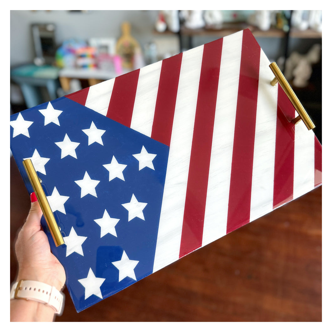 American Flag Tray w/Gold Handles & Resin Top 12x18