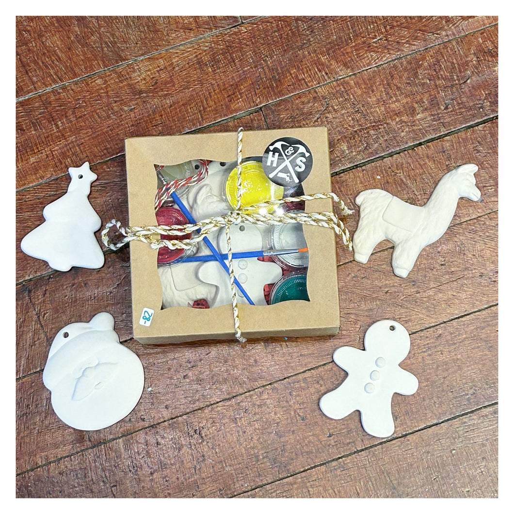 Ceramic Ornament Set - Santa, Gingerbread Man, Llama, Tree