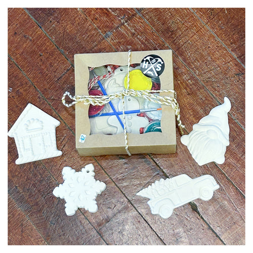 Ceramic Ornament Set - Gingerbread House, Truck w/Tree, Gnome & Snowflake