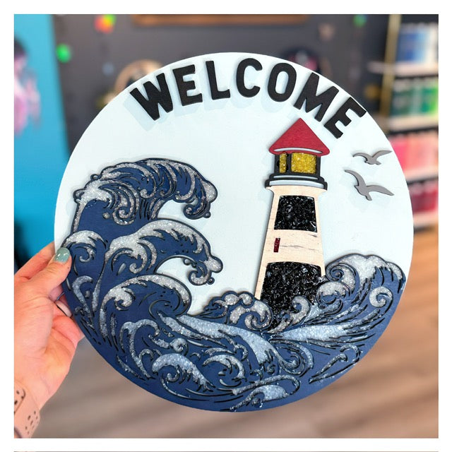 Welcome w/Lighthouse (crushed glass) 12