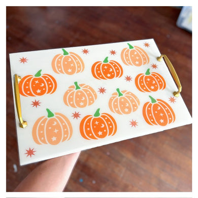 Pumpkins Tray w/Gold Handles & Resin Top 12x18