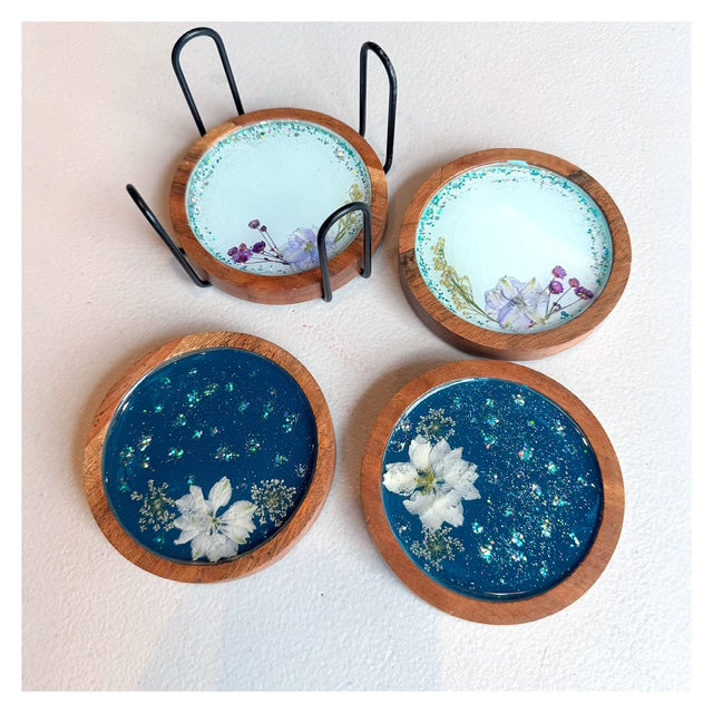 4 Coasters - Blue w/Flowers and Clear Resin Top