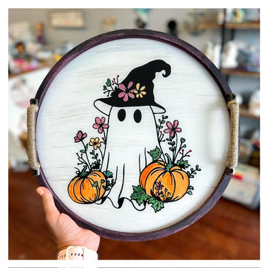 Ghost w/Pumpkins & Flowers Tray w/Handles & Clear Resin Top (14