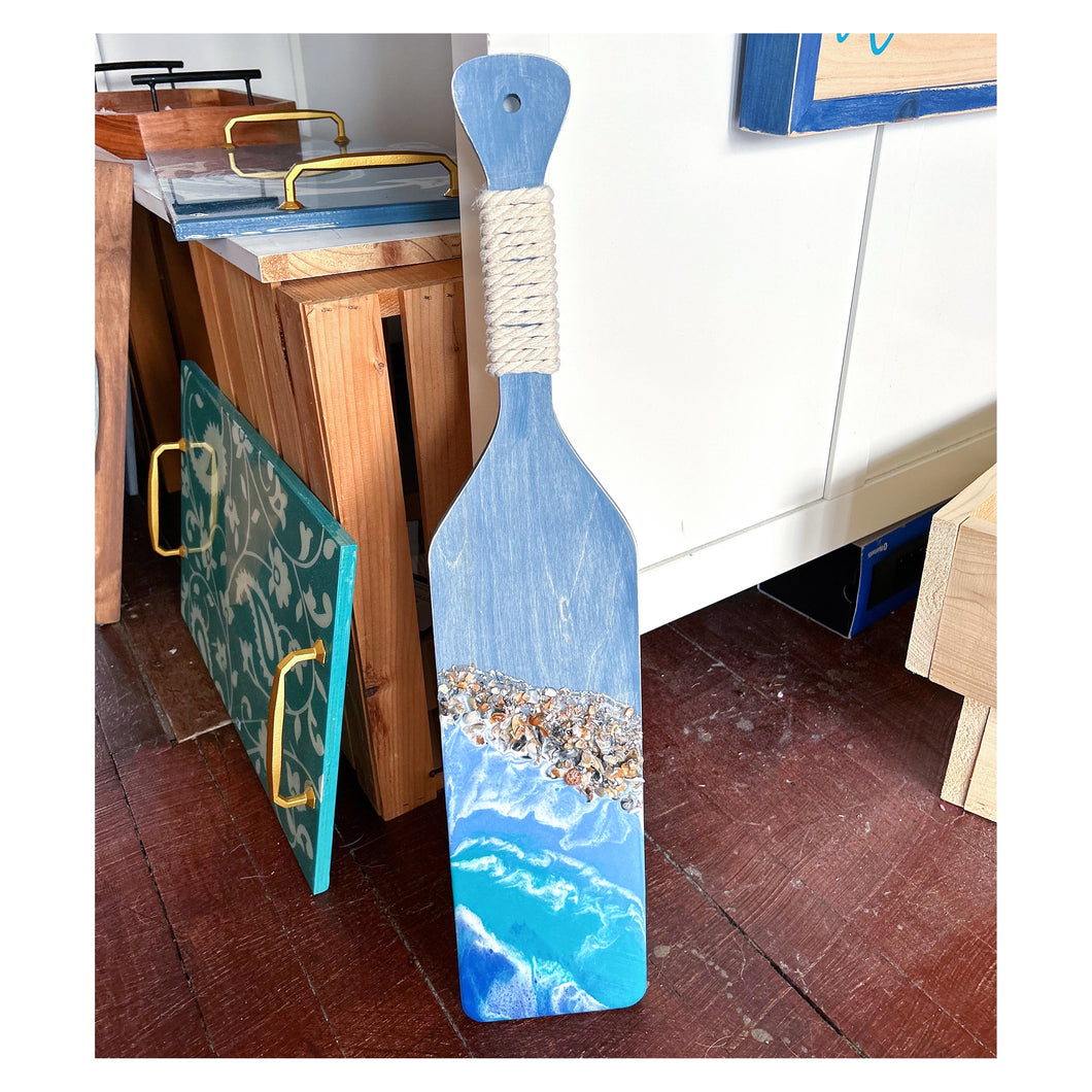 Wood Oar w/Blue Ocean Resin & Rope (24