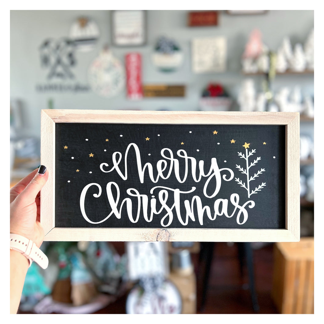 Merry Christmas w/Snowflakes & Tree Framed 8x16