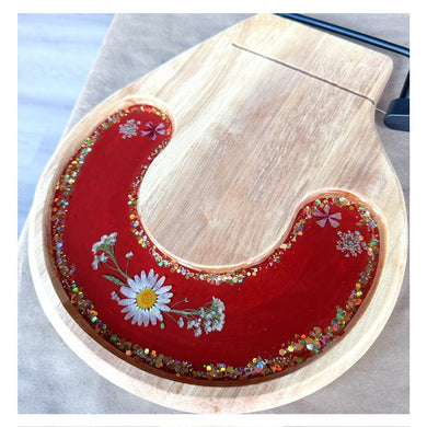 Cheese Board Slicer w/Red & White Flowers & Gold Sparkle w/Clear Resin Top
