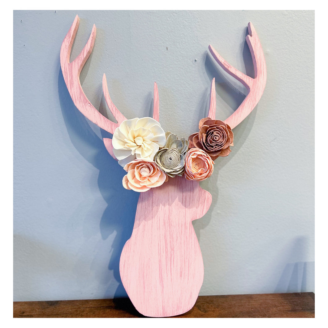 Pink Deer w/Wood Flowers