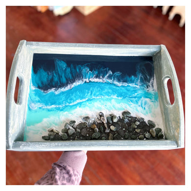 Rectangle Resin Tray w/Handles w/black sand & rocks