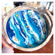 14" Round Wood Resin Tray w/Blues & Gold Flakes