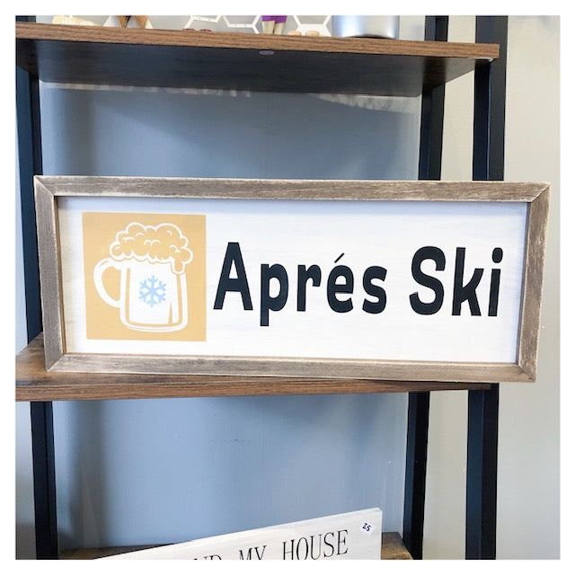 Apres Ski w/Beer Mug Framed Sign 8x20