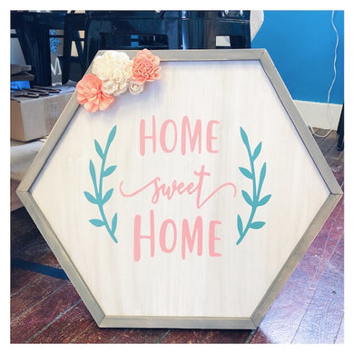 Home Sweet Home w/Wood Flowers Large Hexagon Framed 24x20