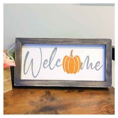 Welcome w/Pumpkin as the O Framed Sign 6x12